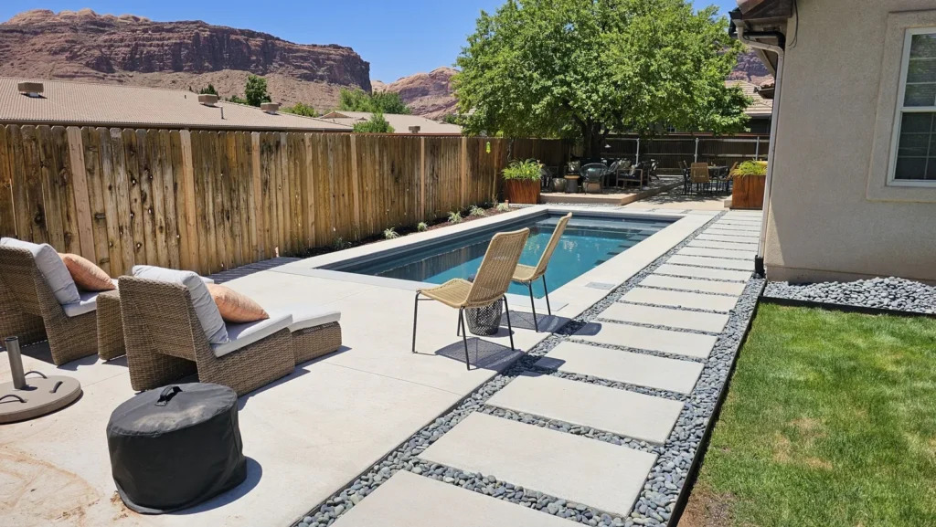 Narrow fiberglass pool with woven chairs at the edge, concrete pavers in river rock, and a red rock cliff