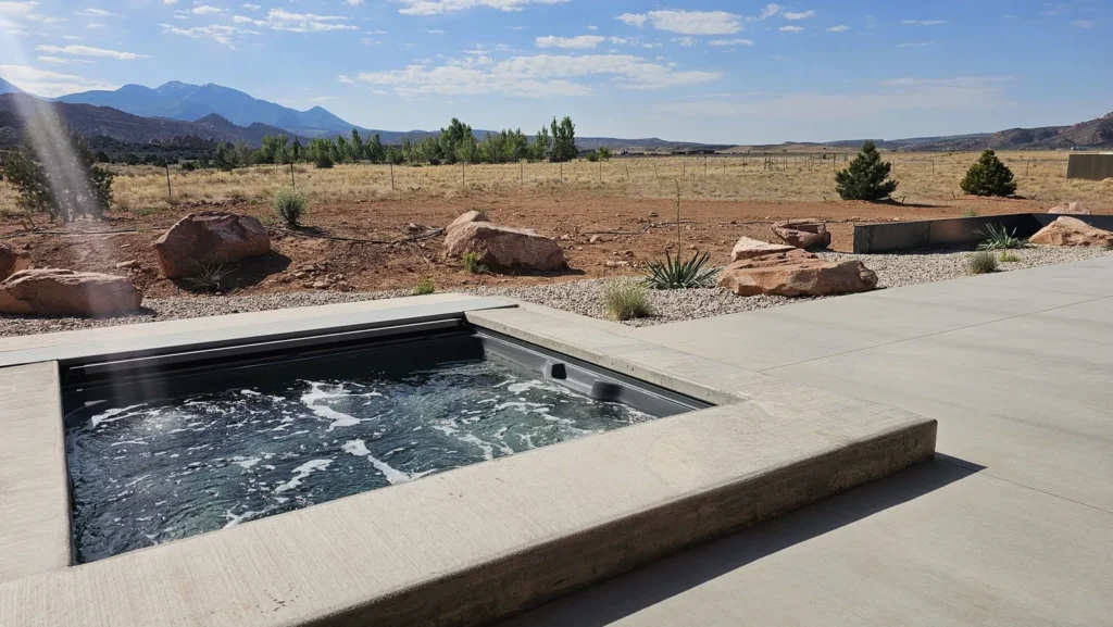 Spa with jets running, framed in board-formed concrete, with open range and the La Sal Mountains