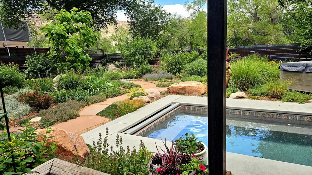Plunge pool with a cover roller at one end, beside a winding flagstone path through a desert garden